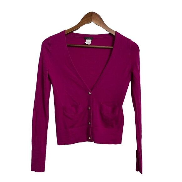 J. Crew Women's Fuchsia Button Up Pockets 100% Merino Wool Y2K Cardigan XS - Picture 1 of 8